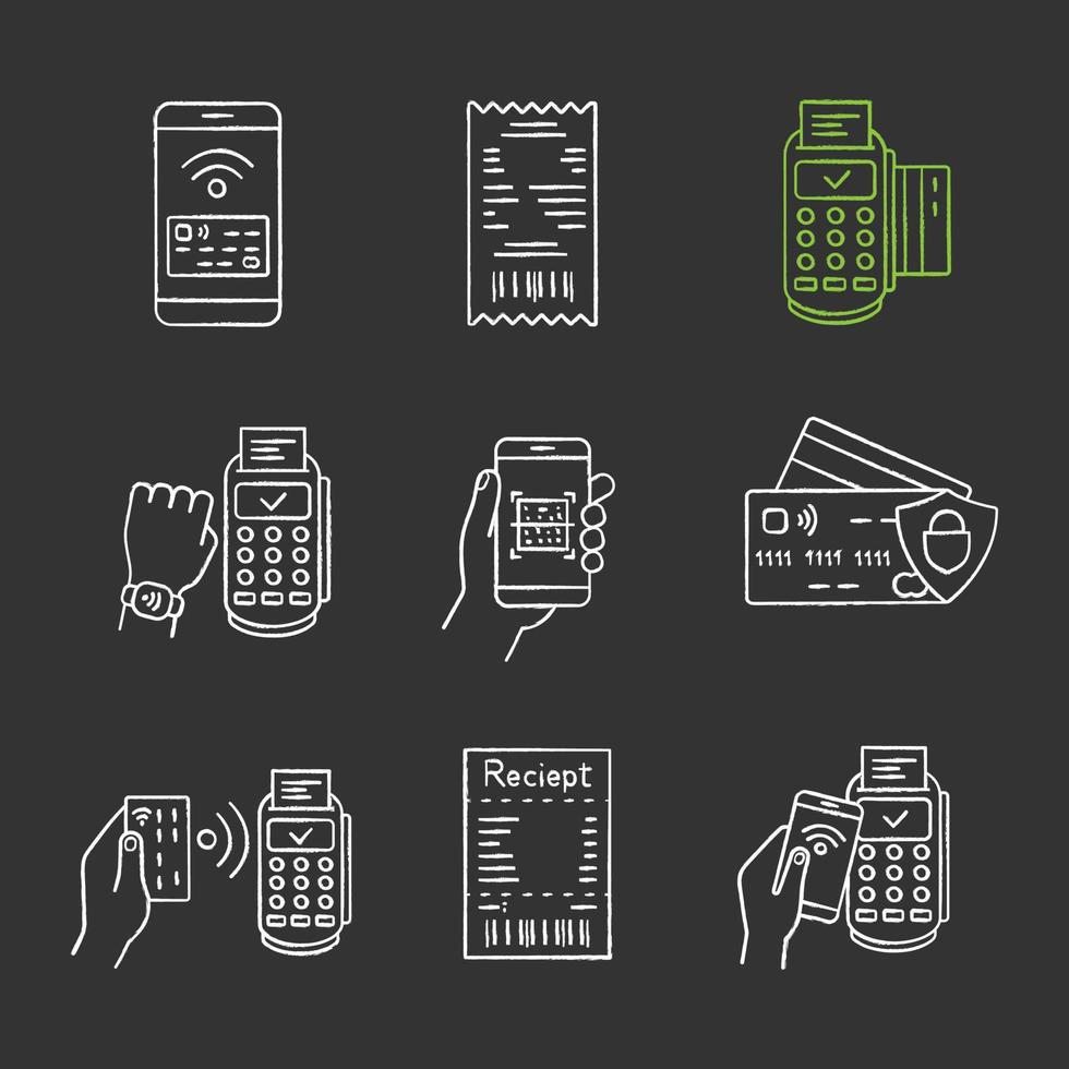 NFC payment chalk icons set. Pay with smartphone and credit card, cash receipt, POS terminal, QR code scanner, NFC smartwatch. Isolated vector chalkboard illustrations