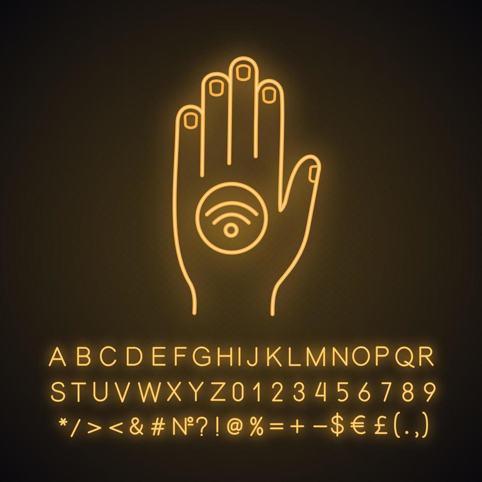 pegatina nfc en el icono de luz de neón de la mano. Cerca de un campo de comunicación. pegatina rfid signo brillante con alfabeto, números y símbolos. etiqueta nfc tecnología sin contacto. ilustración vectorial aislada vector