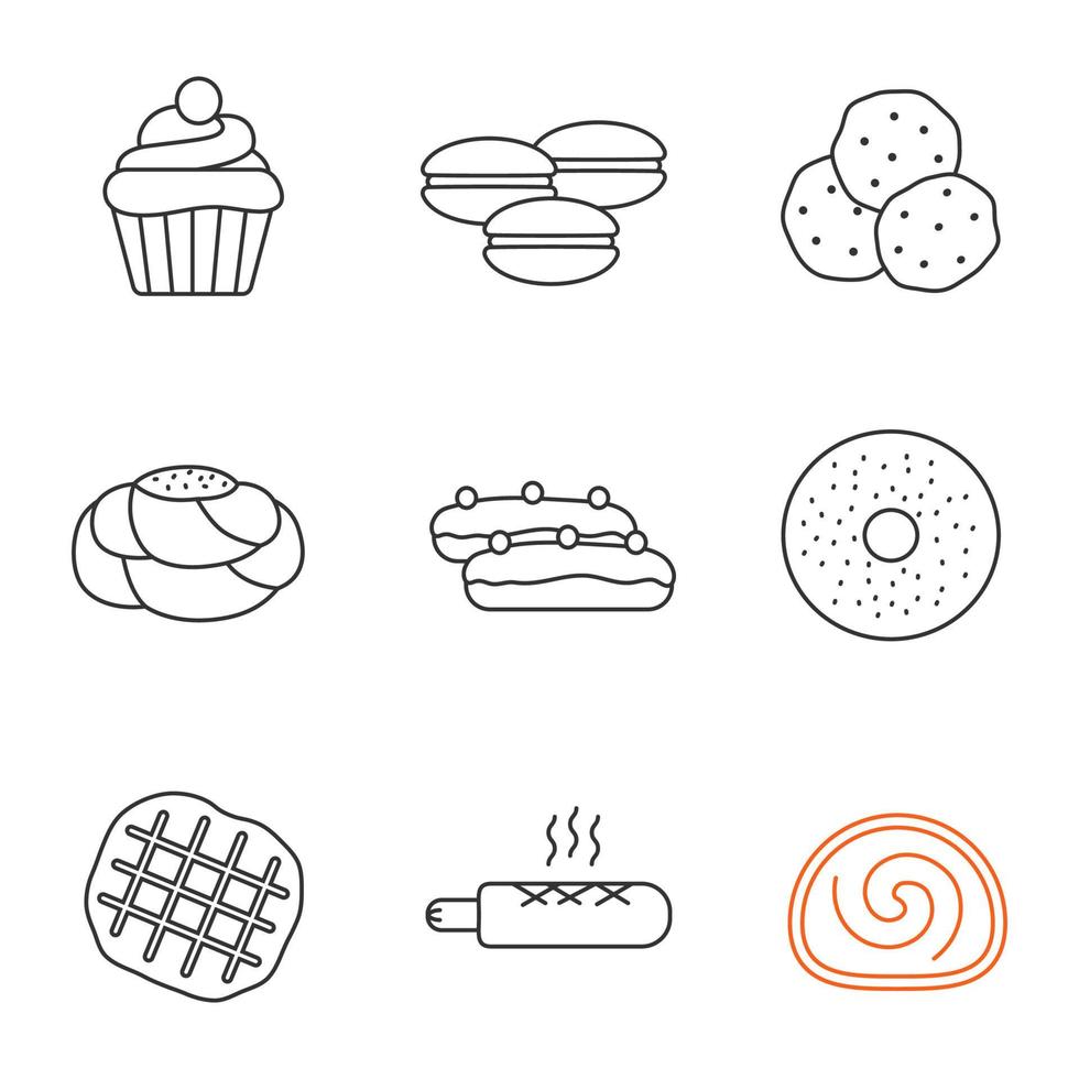 Bakery linear icons set. Cupcake, macarons, chocolate chips, pastry bread, eclair, bagel, belgian waffle, french hot dog, swiss roll. Thin line contour symbols. Isolated vector outline illustrations