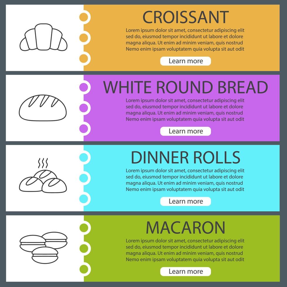 Bakery web banner templates set. Croissant, round bread, dinner rolls, macaron. Website color menu items with linear icons. Vector headers design concepts