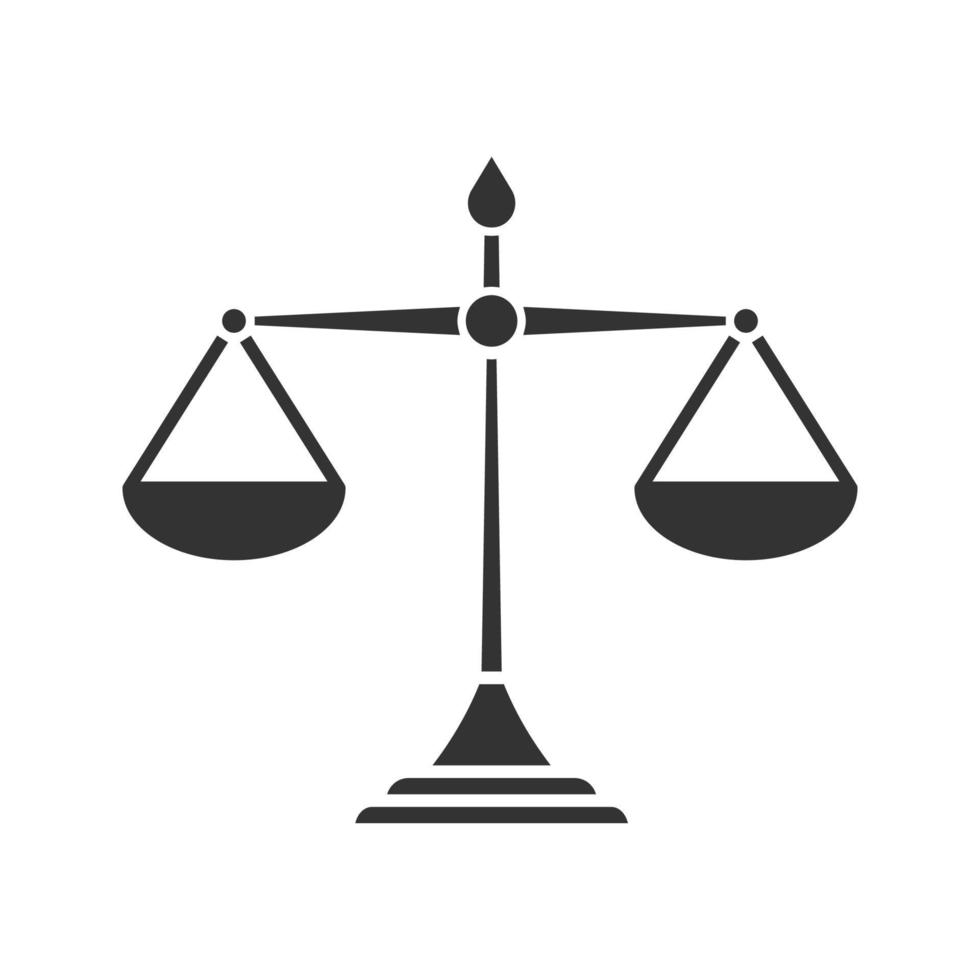 Justice scales glyph icon. Silhouette symbol. Equality. Judgement. Negative space. Vector isolated illustration
