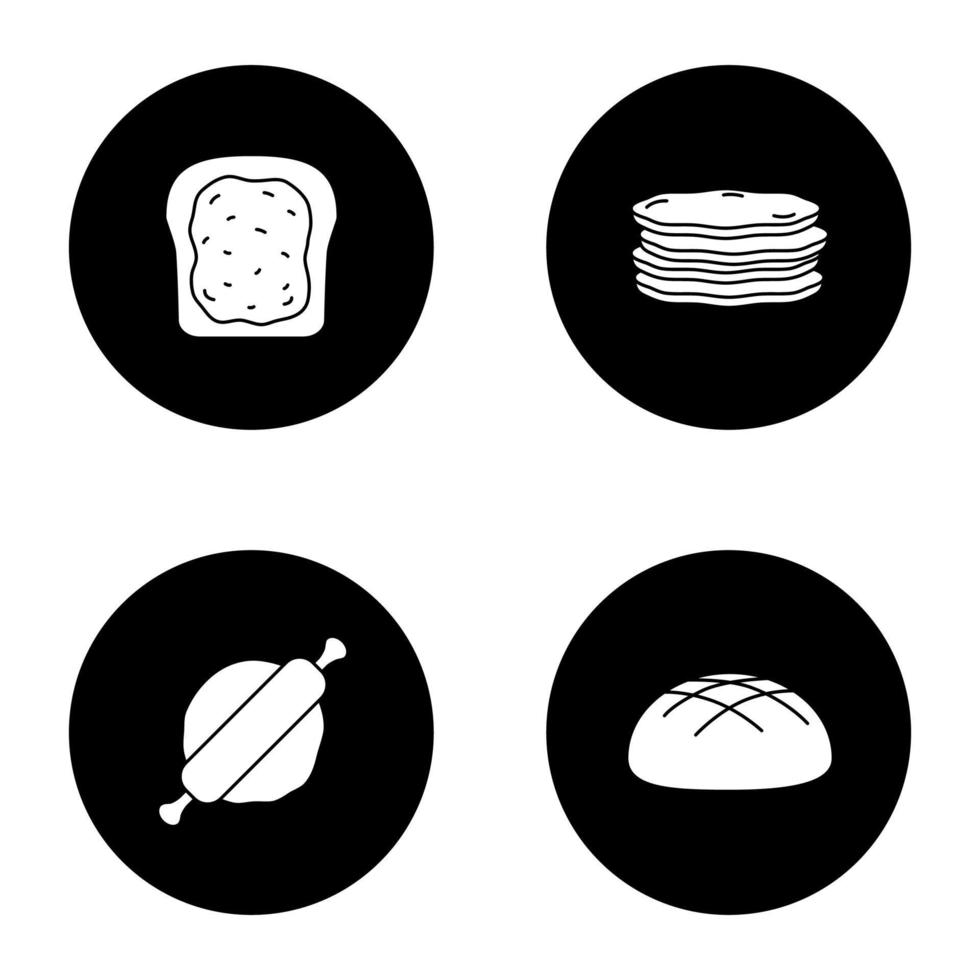 Bakery glyph icons set. Toast with jam, pancakes stack, rolling pin and dough, rye bread loaf. Vector white silhouettes illustrations in black circles