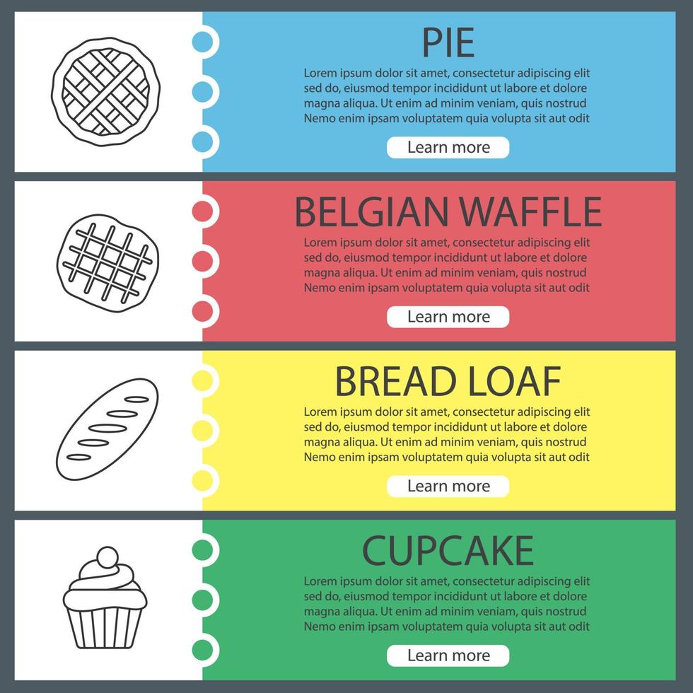 Bakery web banner templates set. Pie, belgian waffle, bread loaf, cupcake. Website color menu items with linear icons. Vector headers design concepts