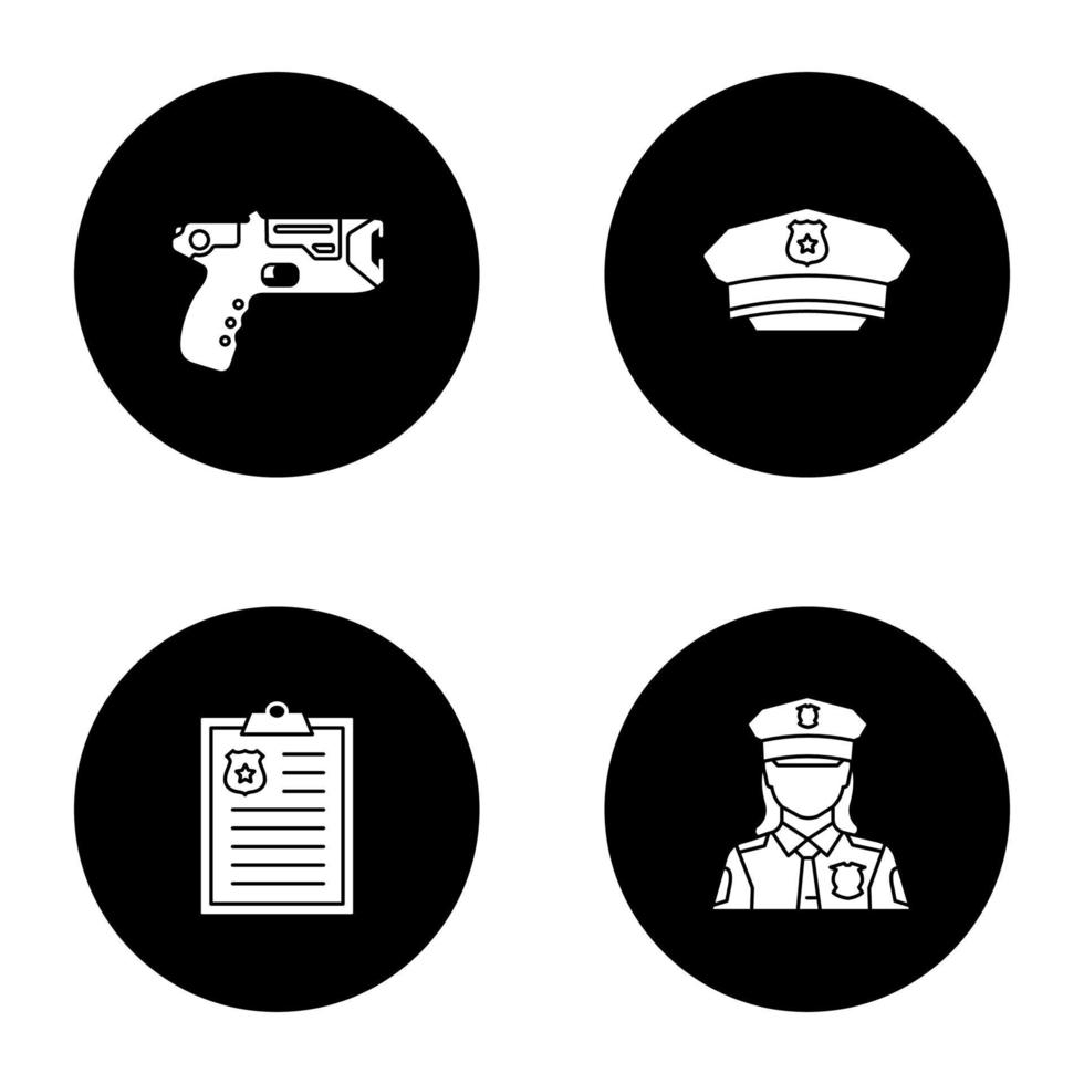 Police glyph icons set. Taser, hat, police report, policewoman. Vector white silhouettes illustrations in black circles