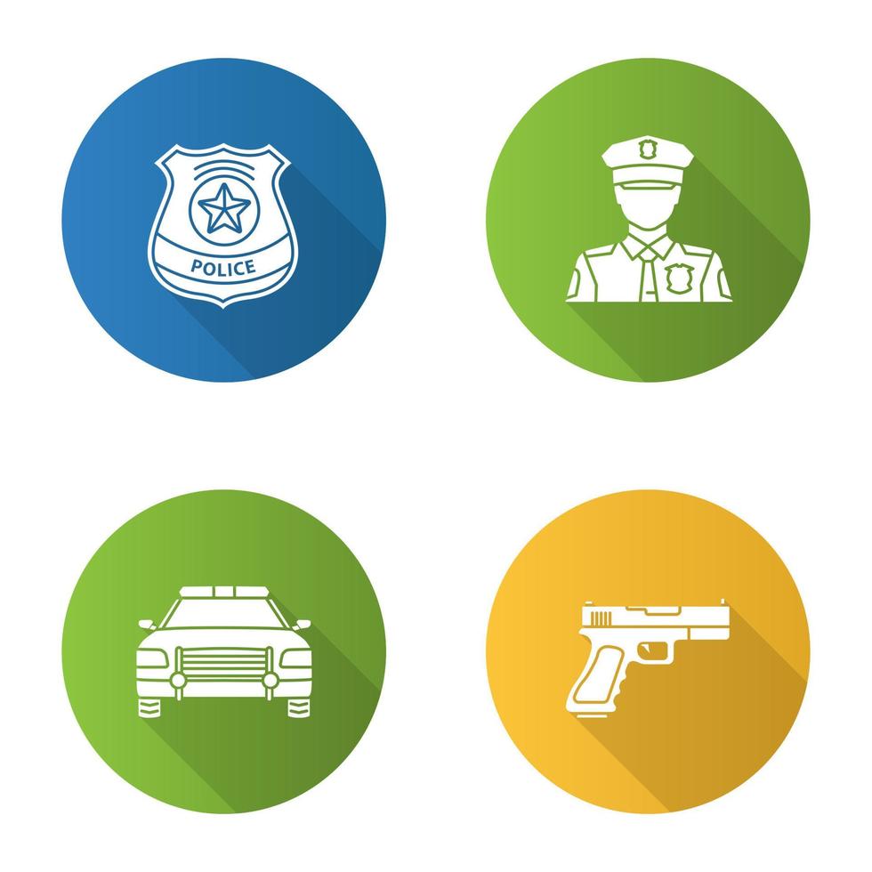 Police flat design long shadow glyph icons set. Policeman, gun, car, police badge. Vector silhouette illustration