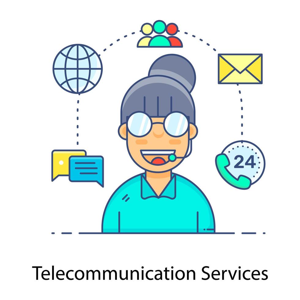 Telecommunication services vector style, female wearing headphones