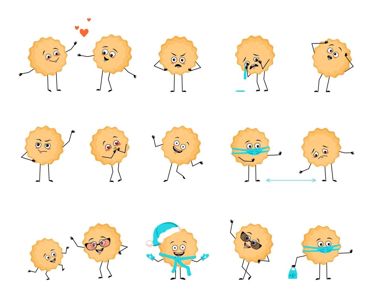 Cute milk cookie character with happy or sad emotions, panic, loving or brave face, hands and legs. Cheerful baking person, biscuit with expression with mask, glasses or hat. Vector flat illustration