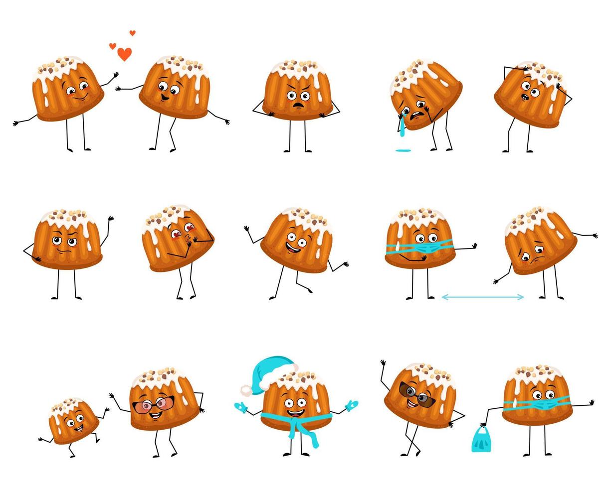 lindo personaje de muffin glaseado con emociones felices o tristes, pánico, cara amorosa, manos y piernas. persona para hornear, bollo con expresión divertida con máscara, gafas o sombrero. ilustración plana vectorial vector