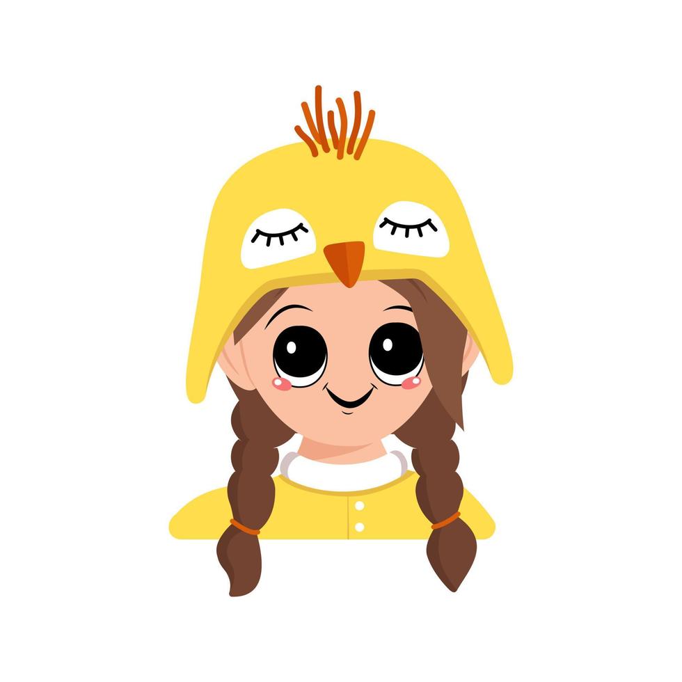 Avatar of girl with big eyes and wide happy smile in cute yellow chicken hat. Head of child with joyful face for holiday Easter, New Year or costume for party. Vector flat illustration