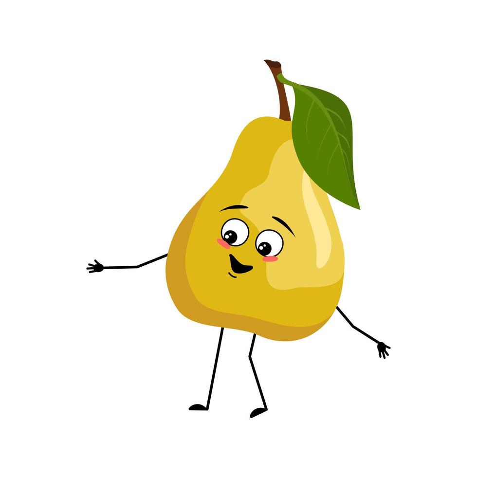 Pear character with happy emotion, joyful face, smile eyes, arms and legs. Person with expression, fruit emoticon. Vector flat illustration