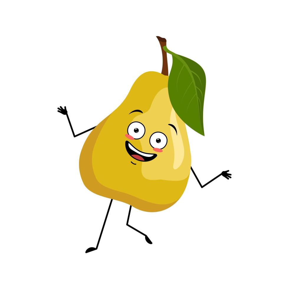 Pear character with happy crazy emotion dancing, joyful face, smile eyes, arms and legs. Person with expression, fruit emoticon. Vector flat illustration