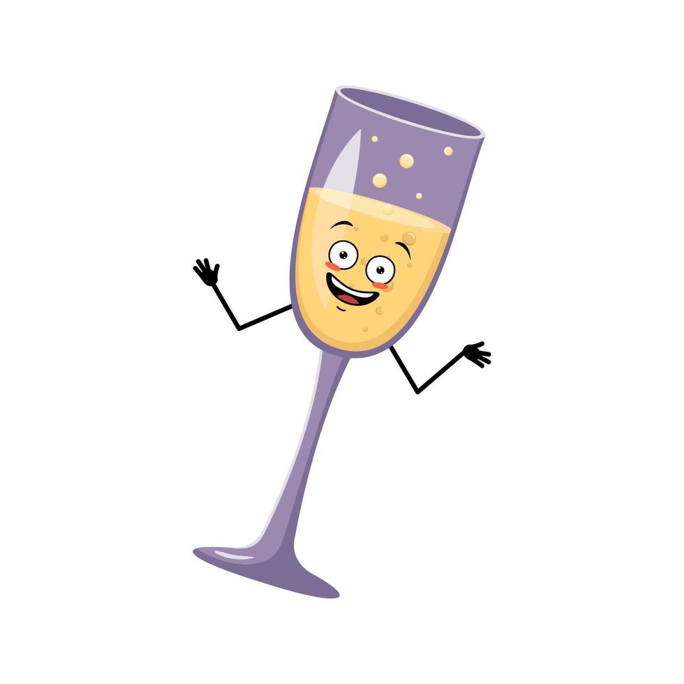 Glasses of sparkling wine character with happy emotion, joyful face, smile eyes, dancing arms and legs. Alcohol man for Christmas and New year. Vector flat illustration