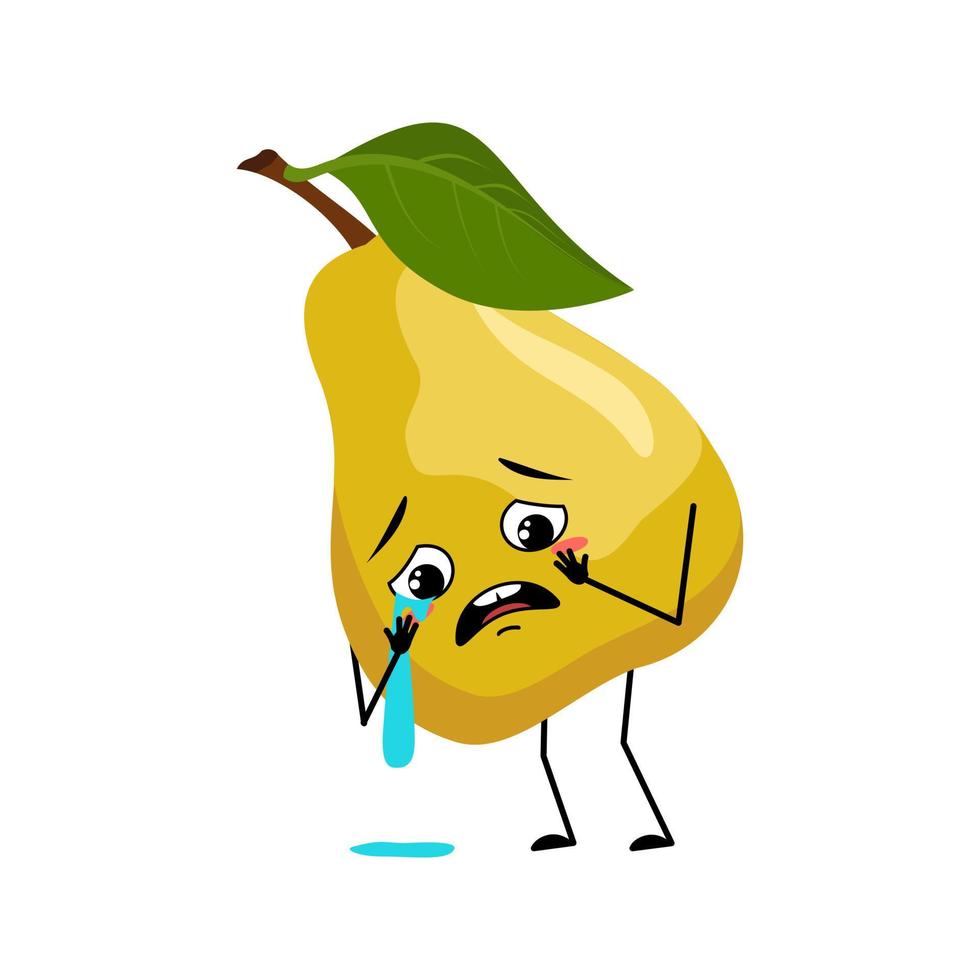 Pear character with crying and tears emotion, sad face, depressive eyes. Person with melancholy expression, fruit emoticon. Vector flat illustration