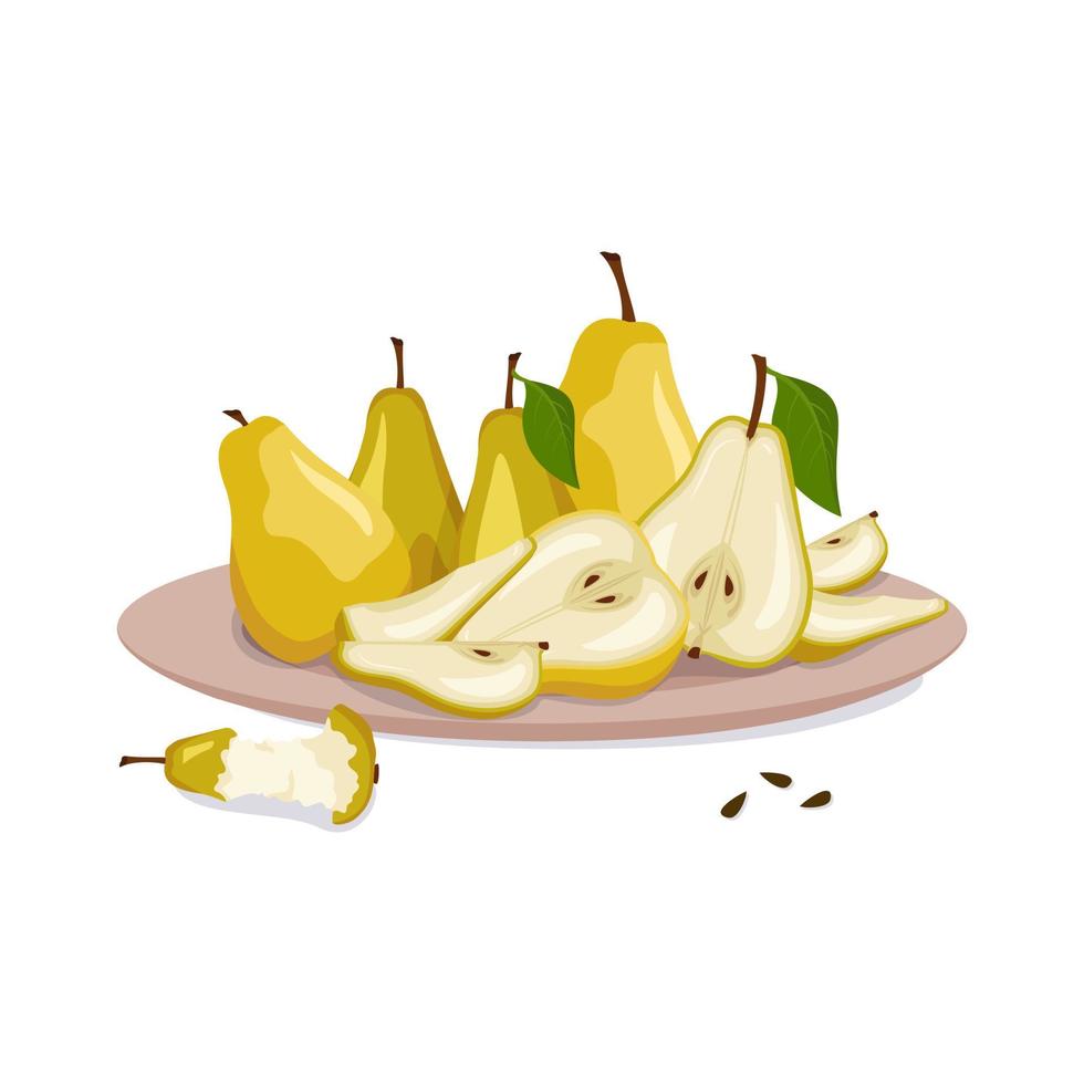 Set of yellow pears on plate. Whole fruit with leaf, halves and slice with seeds. Source of vitamins. Food for healthy diet. Sweet fresh snack. Vector flat illustration