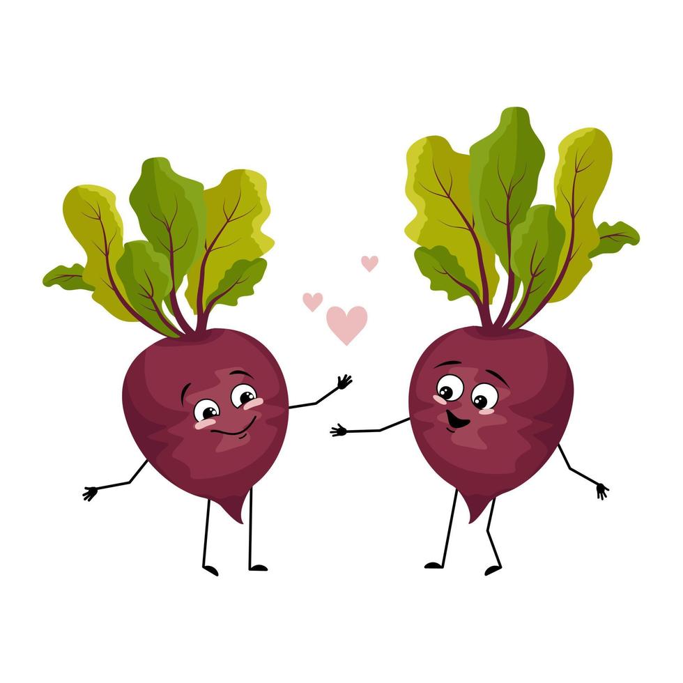 Beet character with love emotions, smile face, arms and legs. Person with happy expression, vegetable emoticon. Vector flat illustration