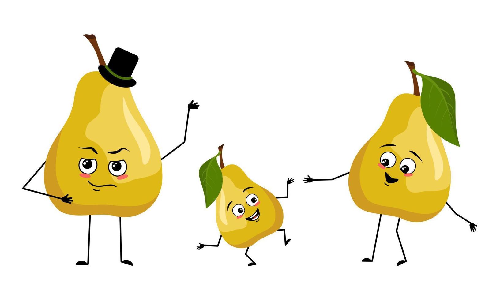 Family of pear fruit characters with happy emotions, smile face, happy eyes, arms and legs. Mom is happy, dad is wearing hat and child is dancing. Vector flat illustration