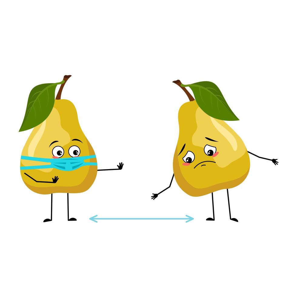 Pear character with sad emotions, face and mask keep distance, arms and legs. Person with expression, fruit emoticon. Vector flat illustration