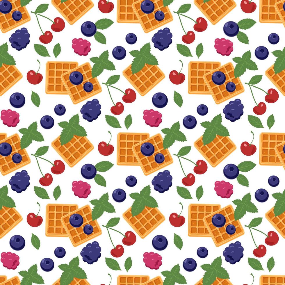 Seamless pattern with waffle and cherries, blueberries and blackberries and mint leaves. Print with fresh pastries for breakfast with healthy berries and fruits. Vector flat illustration
