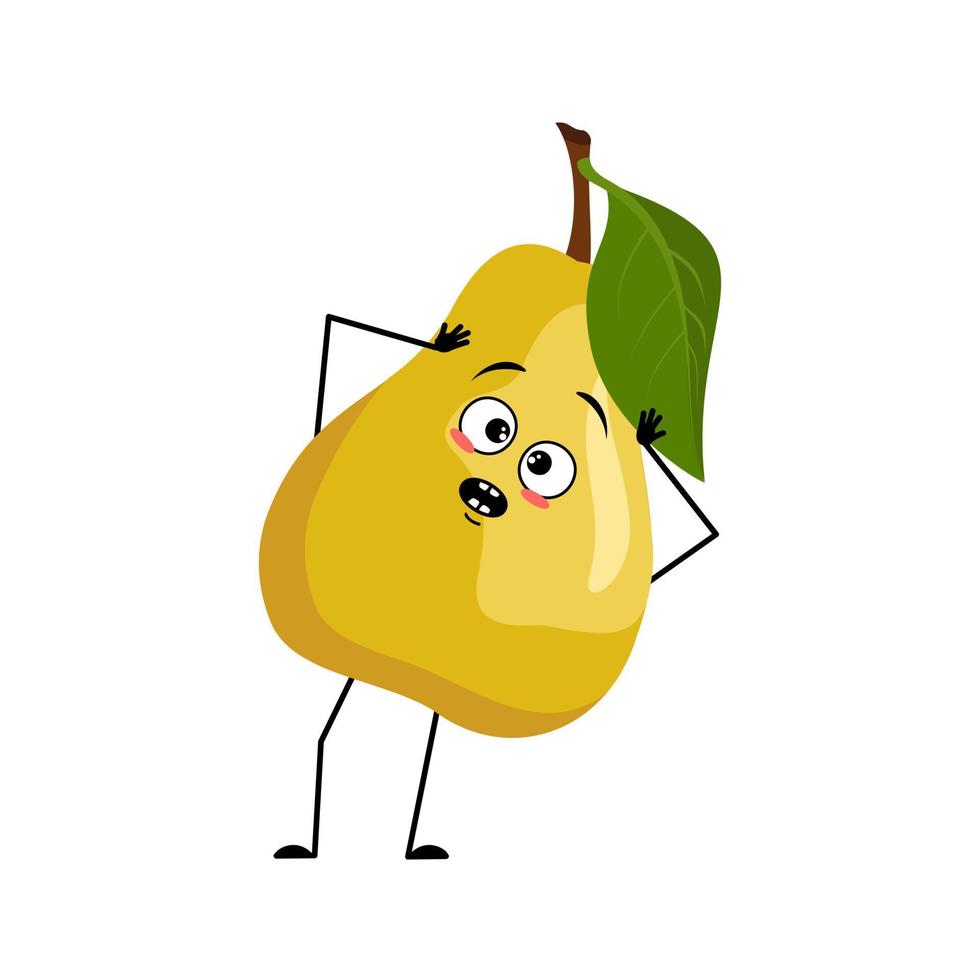 Pear character with emotions in panic grabs his head, surprised face, shocked eyes, arms and legs. Person with scared expression, fruit emoticon. Vector flat illustration