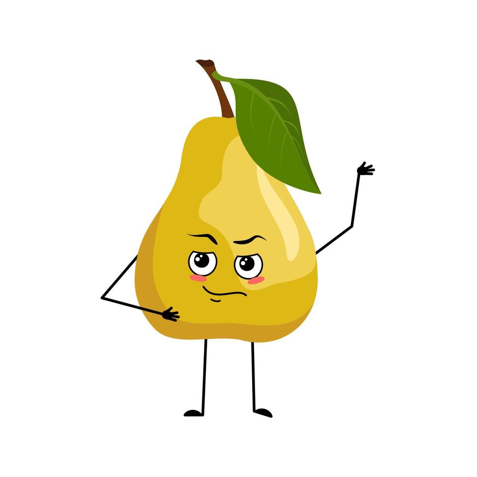 personaje de pera con emociones de héroe, rostro valiente, brazos y piernas. persona con expresión de coraje, emoticono de frutas. ilustración plana vectorial vector