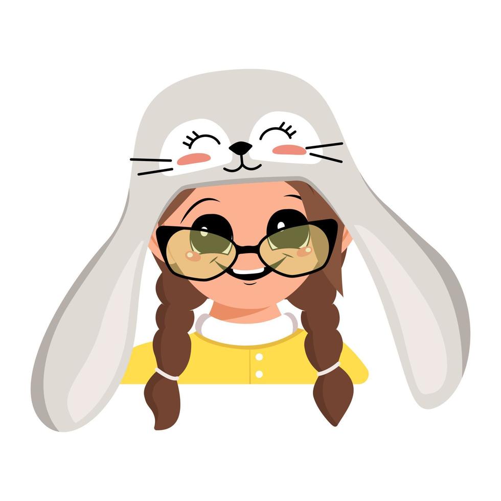 Avatar of girl with big eyes and wide happy smile in cute rabbit hat with long ears. Head of child with joyful face for holiday Easter, New Year or carnival costume for party. Vector flat illustration