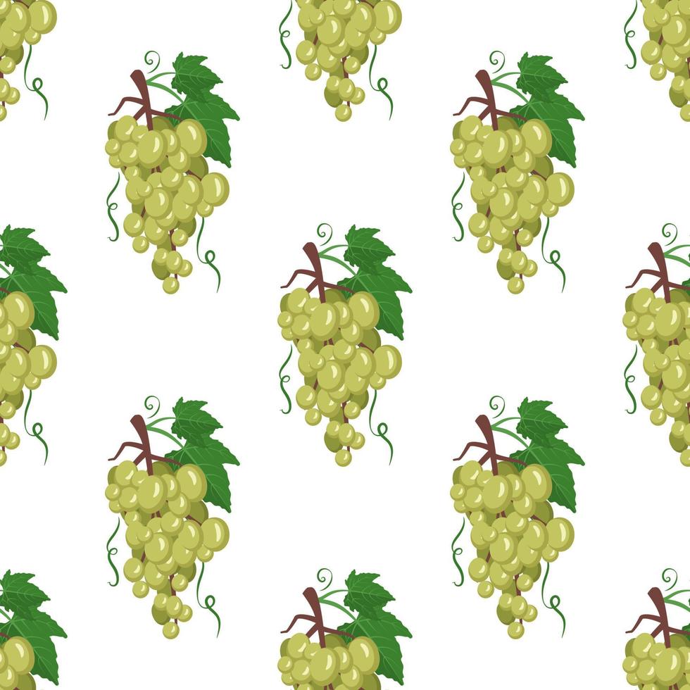 Seamless pattern with white grapes on branches with berries and leaves. Sweet healthy food print, wholesome delicious dessert background. Vector flat illustration