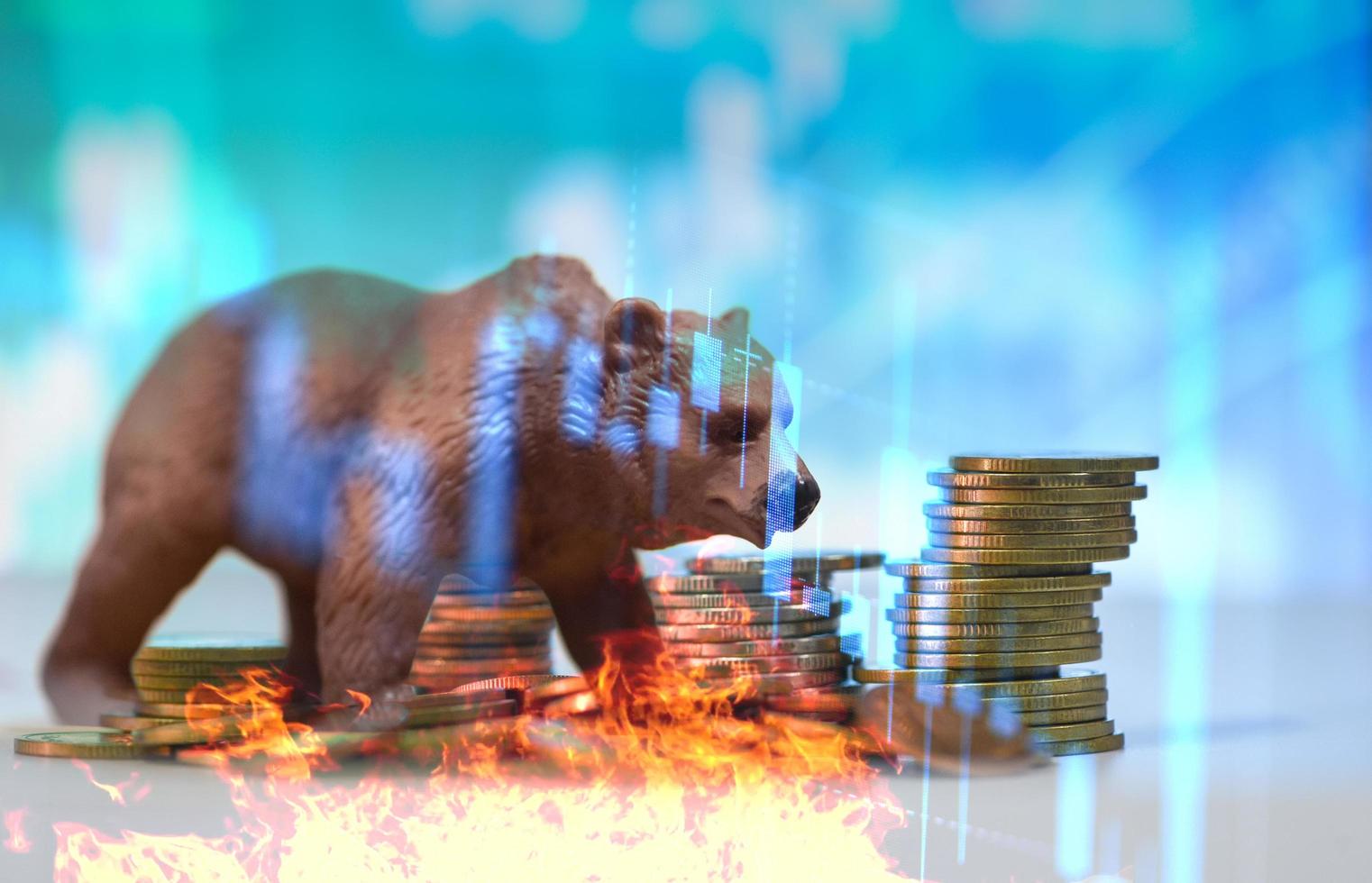 bull and bear market concept with stock chart digital crisis red price drop down chart fall - stock market bear finance risk trend investment business and money losing moving economic with fire photo