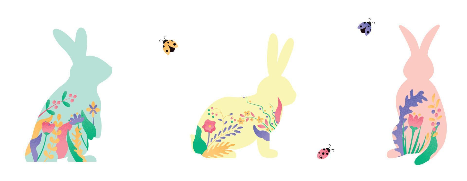 Easter bunny set vector illustration. Pink, blue, yellow rabbit with floral, flowers decoration inside hare shape isolated on white background. Cute print design character in flat cartoon style