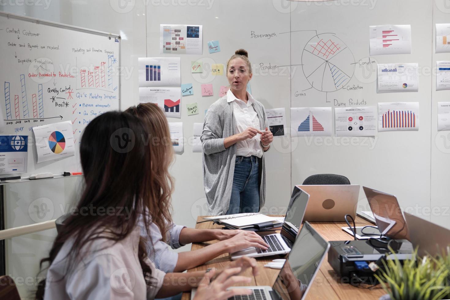 Meeting of a professional team, multiracial colleagues and coworkers brainstormed and presentation in conference room of business office with Caucasian female boss, discussing finance and marketing. photo