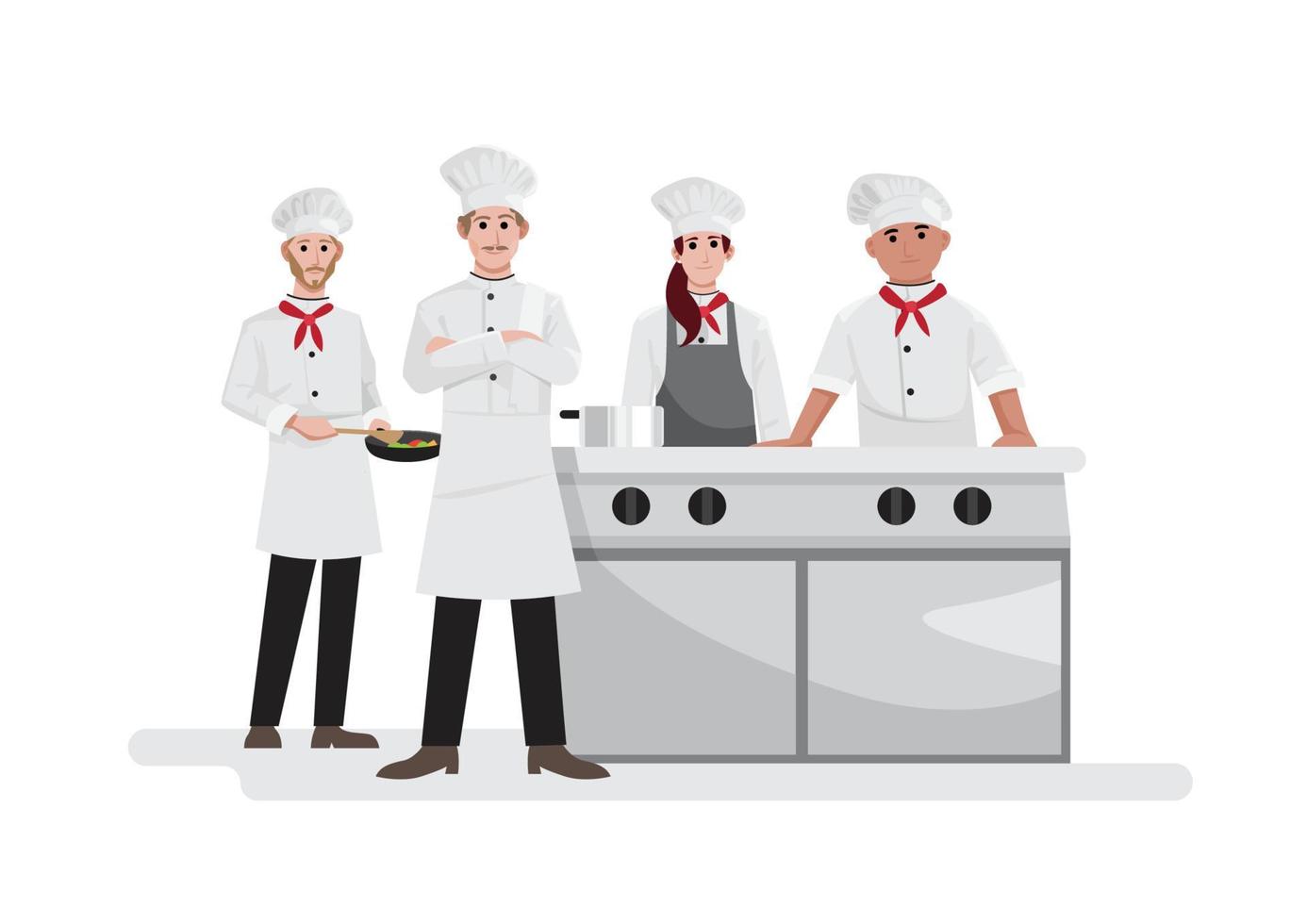 chef cruza los brazos con su personal en la cocina del restaurante, ilustración vectorial vector