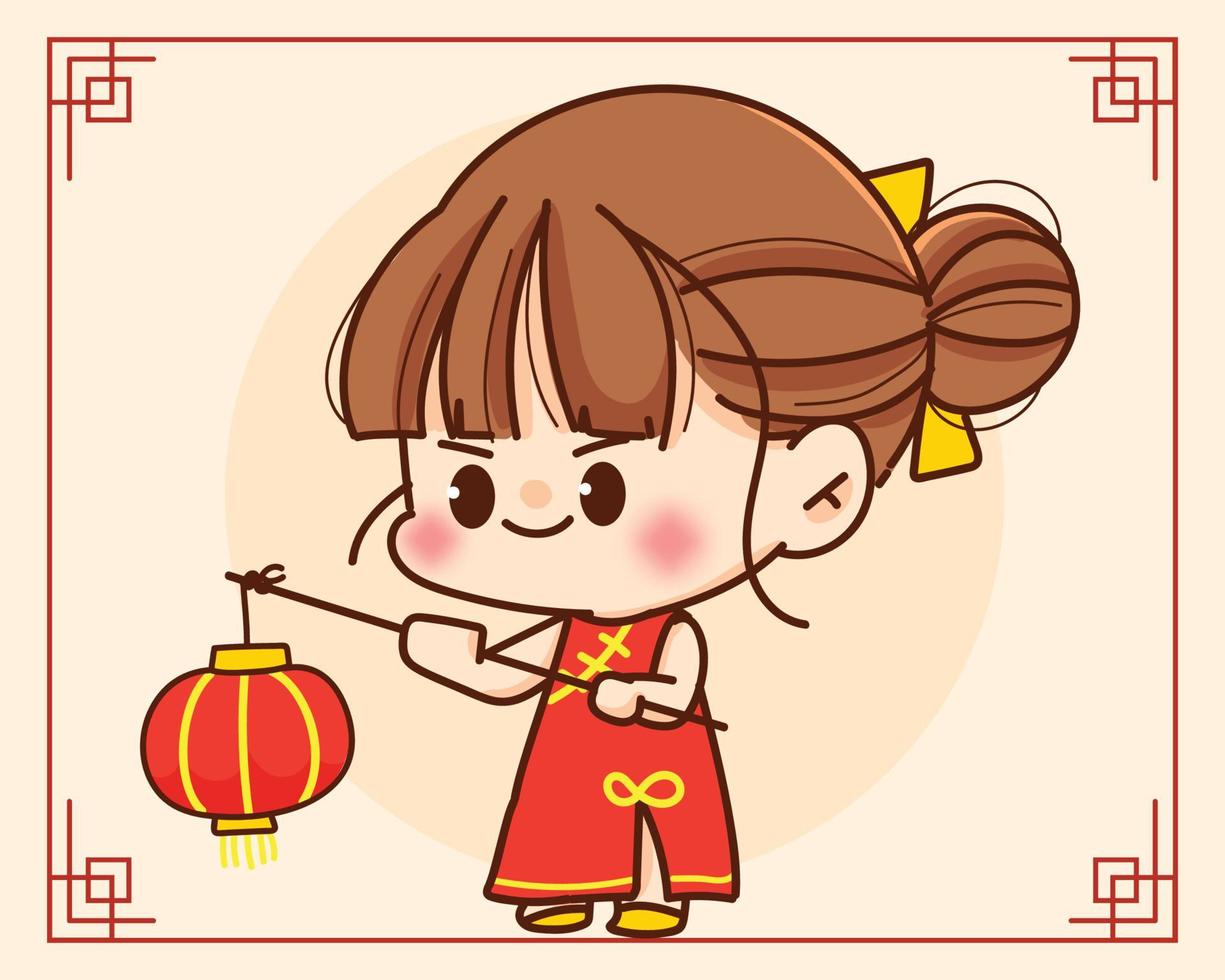 linda niña china sosteniendo linterna chino feliz año chino personaje festival celebración dibujado a mano ilustración de arte de dibujos animados vector