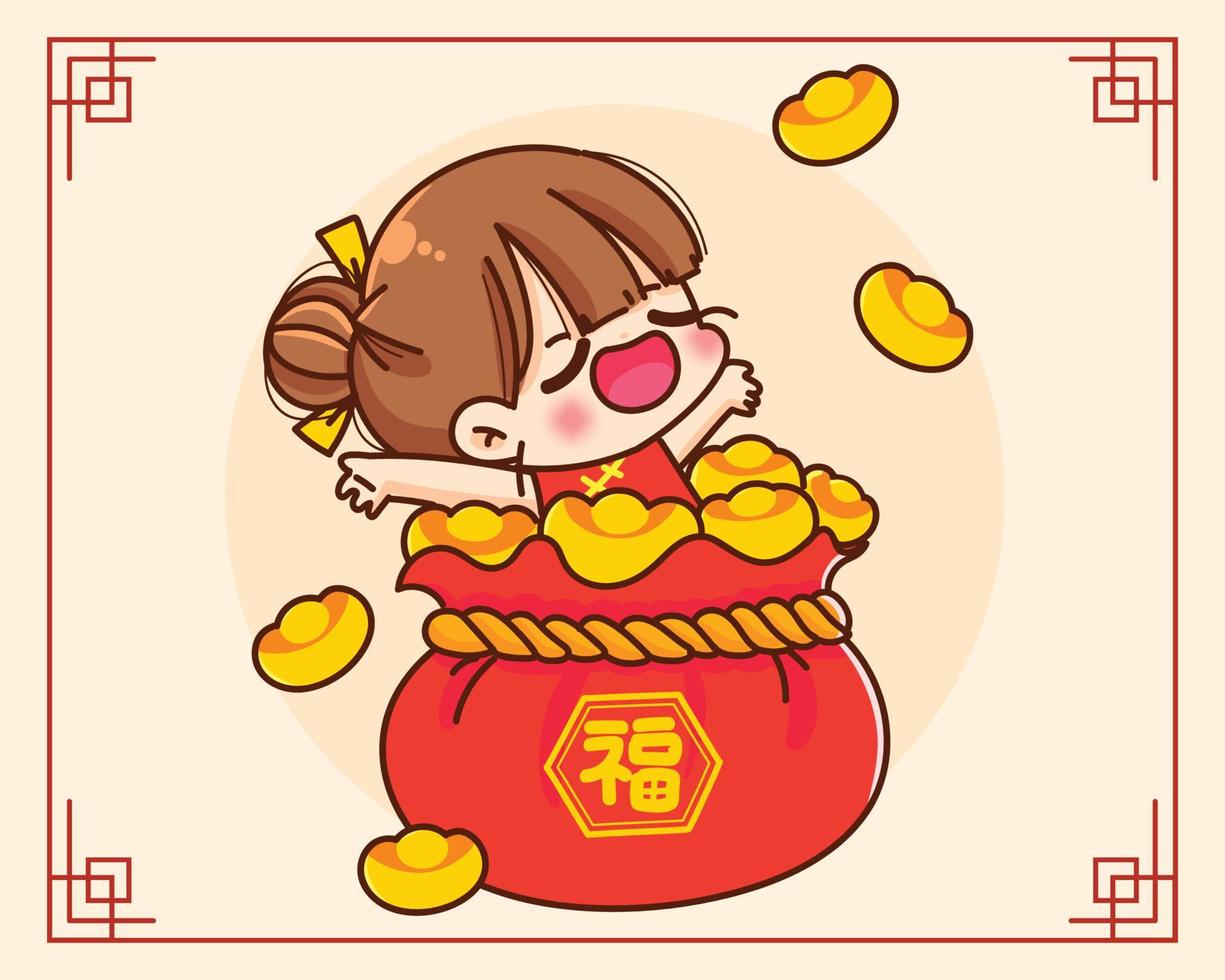 Cute girl greeting with money happy chinese year character festival celebration hand drawn cartoon art illustration vector
