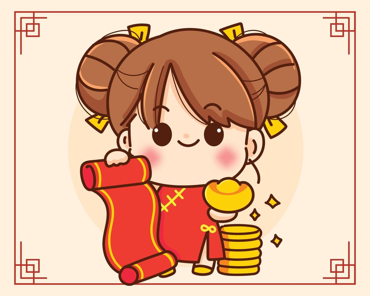 linda chica con dinero y signo vacío feliz año chino personaje festival celebración dibujado a mano ilustración de arte de dibujos animados vector