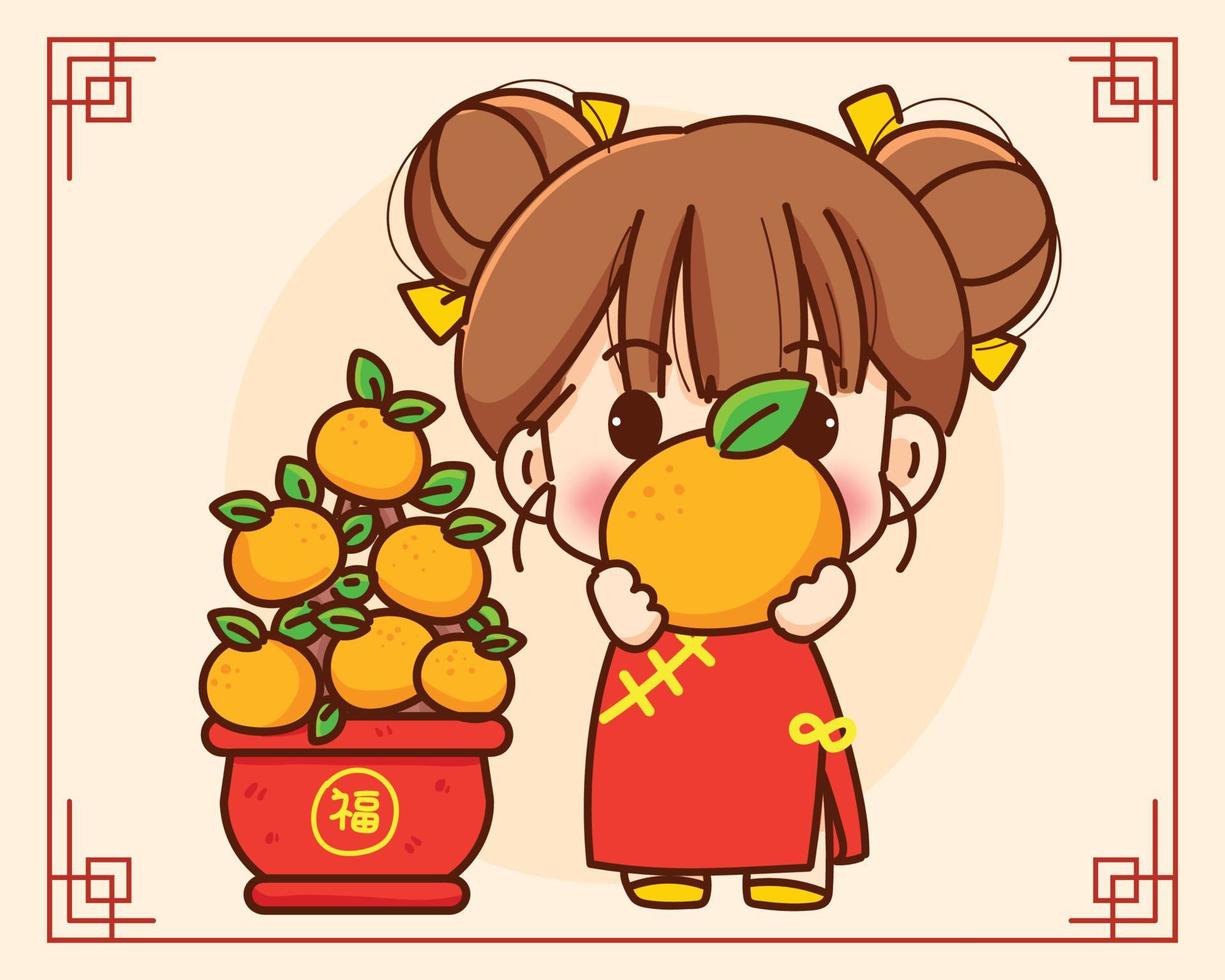 linda niña china sosteniendo naranja chino feliz año chino personaje festival celebración dibujado a mano ilustración de arte de dibujos animados vector