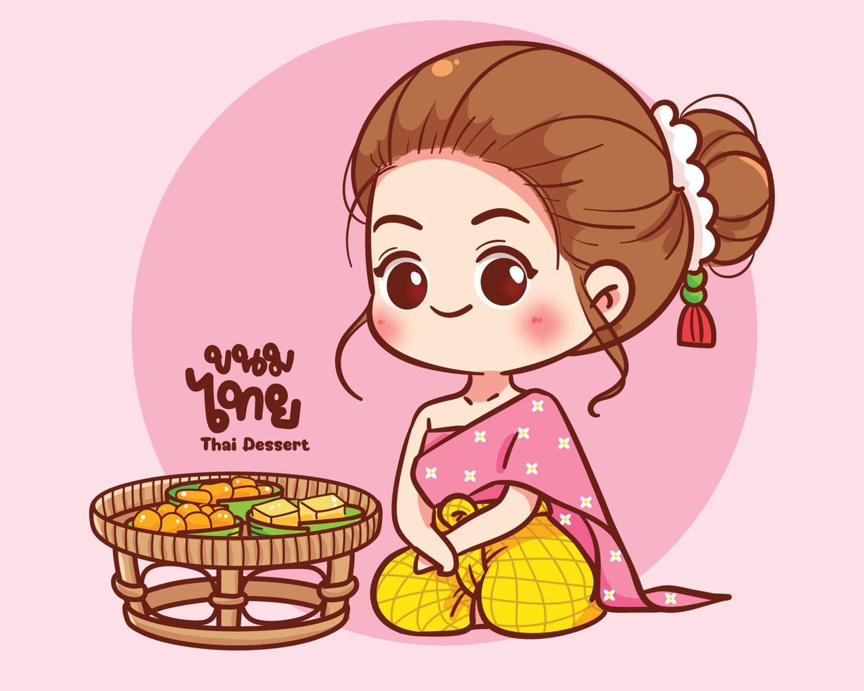 linda mujer chef con logo de postre tailandés comida dulce sabrosa ilustración de arte de dibujos animados dibujados a mano vector
