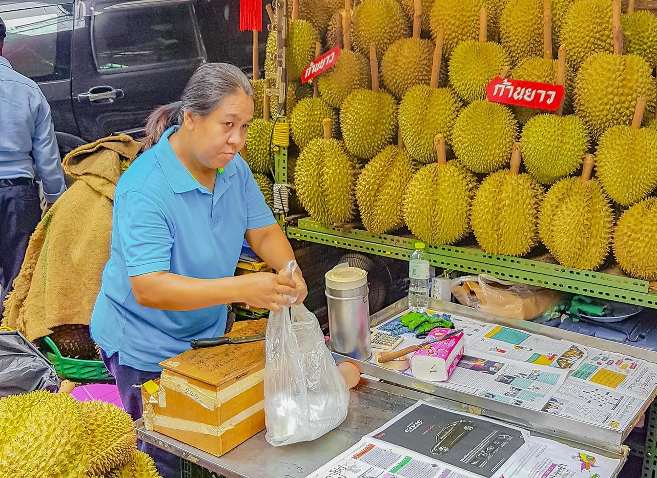 Bangkok Thailand 22. May 2018 Sale of the stink fruit durian in Chinatown Bangkok Thailand. photo