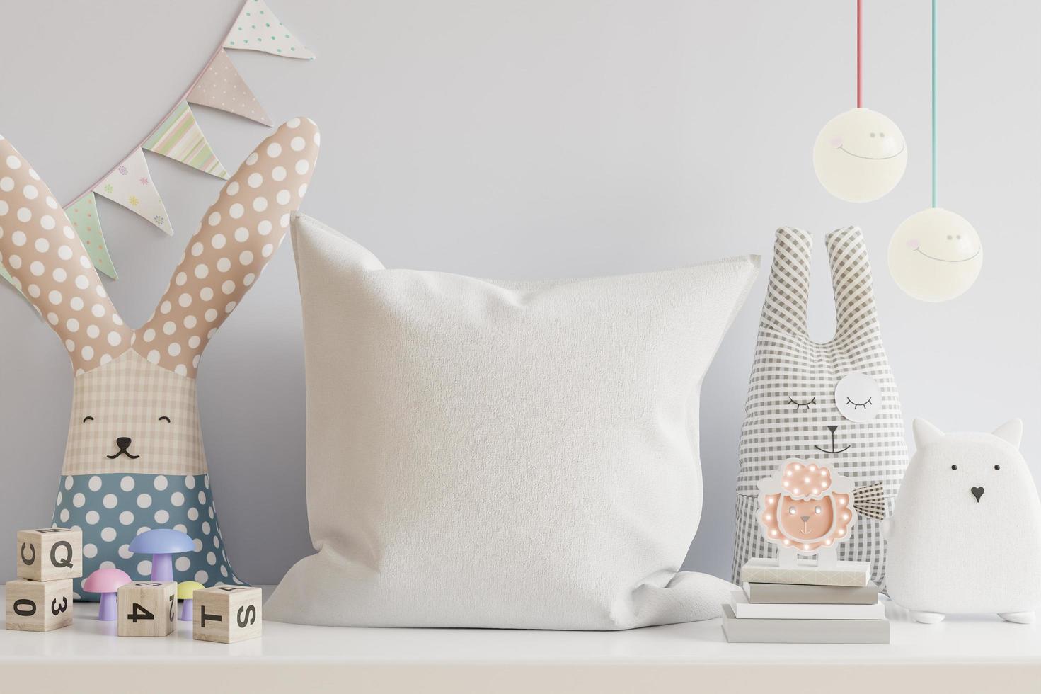 Mockup pillow in the children's room on light blue colors wall background. photo