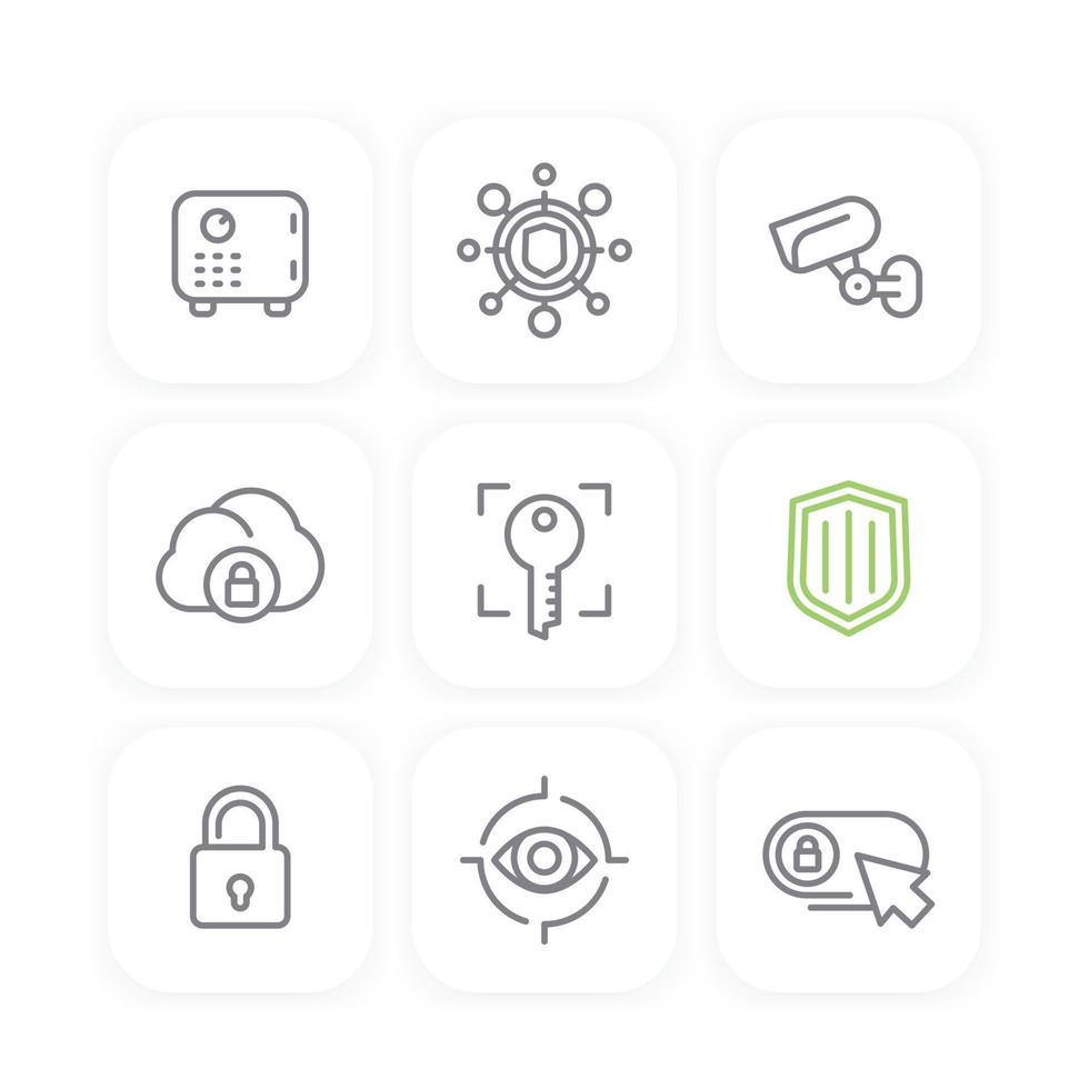 conjunto de iconos de línea de seguridad, nube segura, llave, candado, escudo, caja fuerte, videovigilancia, seguridad en línea, seguridad vector
