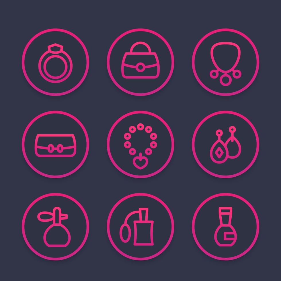 accessories, jewelry, perfume icons set in line style vector