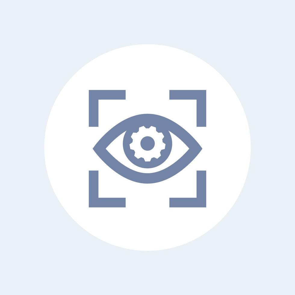 eye with gear icon isolated on white, retina scanning, biometric recognition symbol vector