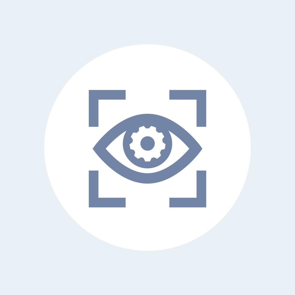 eye with gear icon isolated on white, retina scanning, biometric recognition symbol vector