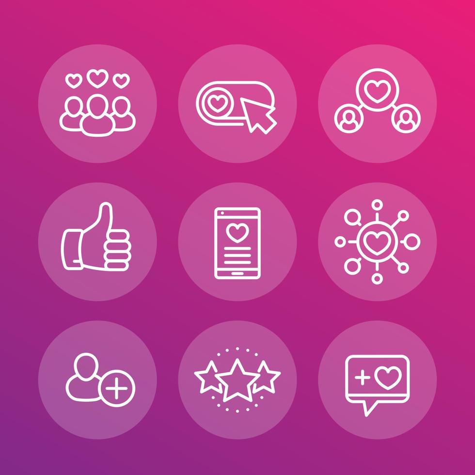 Likes, followers, rating linear icons set vector