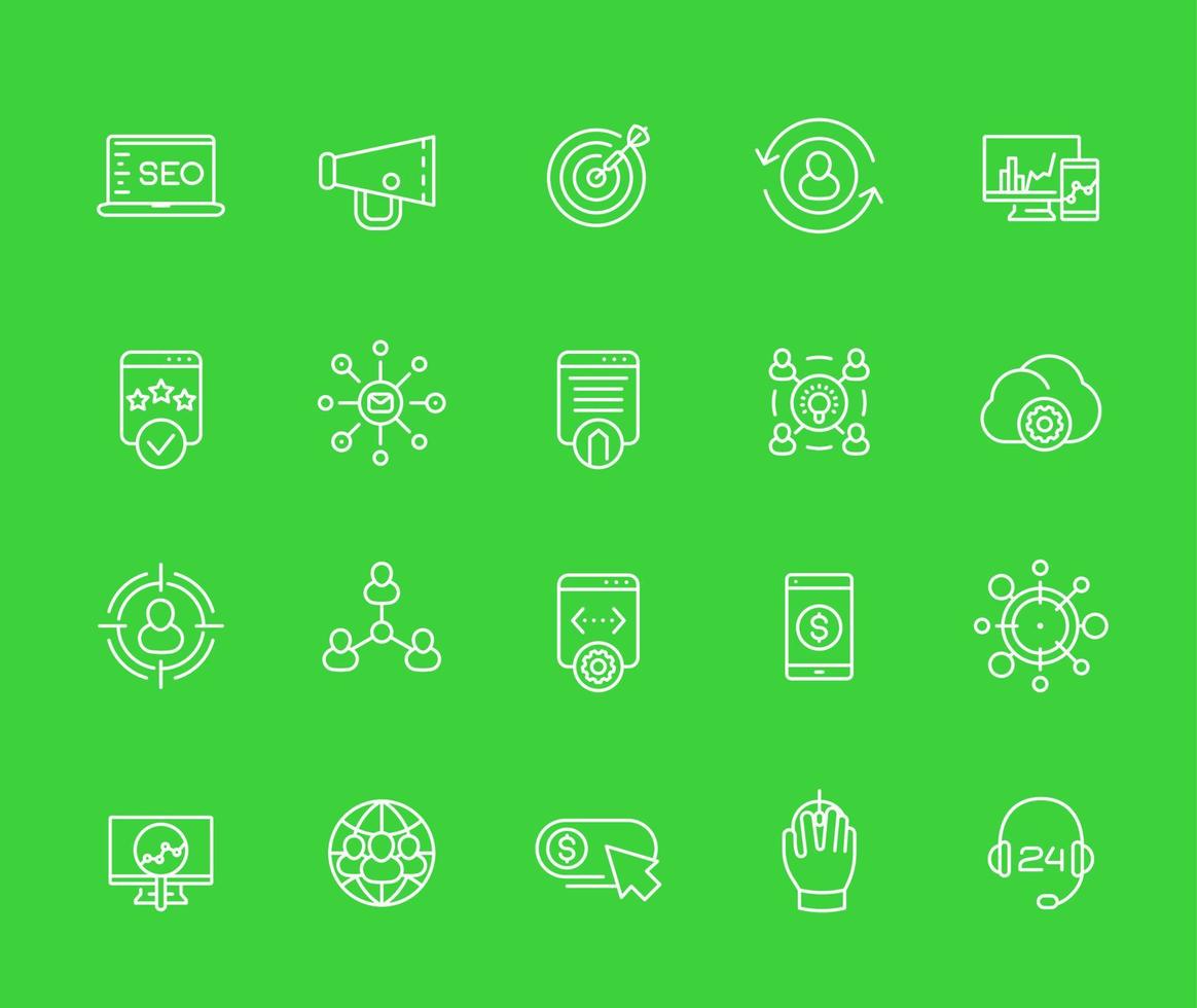 seo, internet marketing, website analysis and ranking line icons set vector