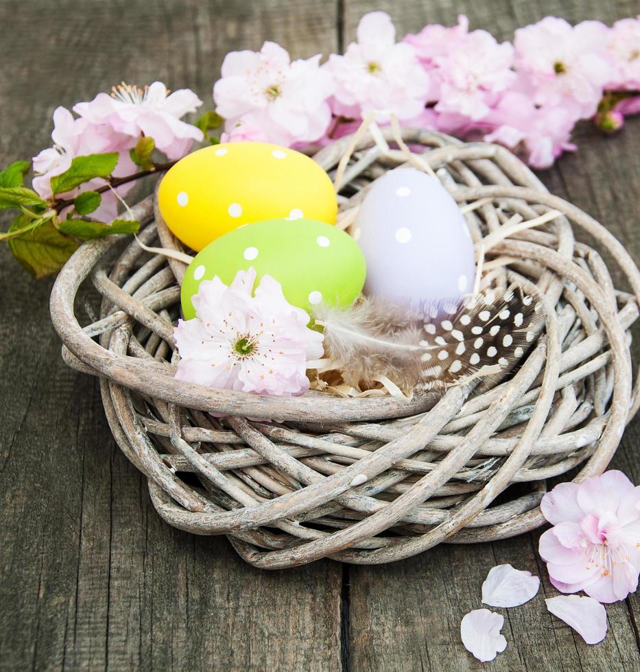 huevos de pascua y flor de sakura foto