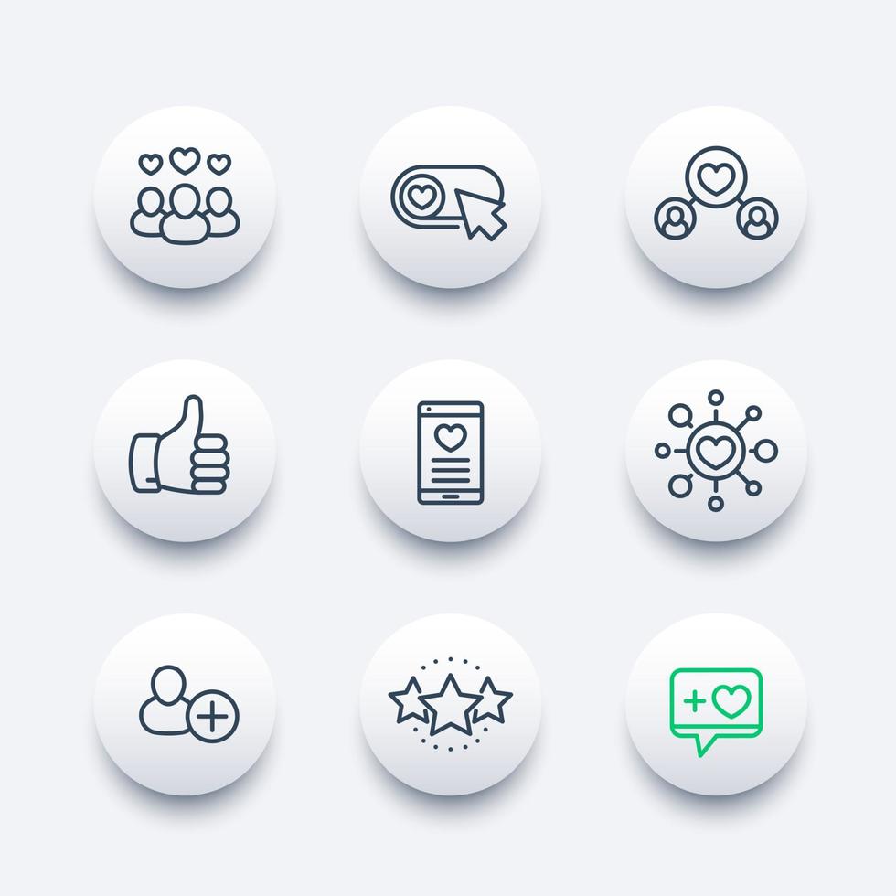 Likes, followers, hearts, rating icons set in line style vector