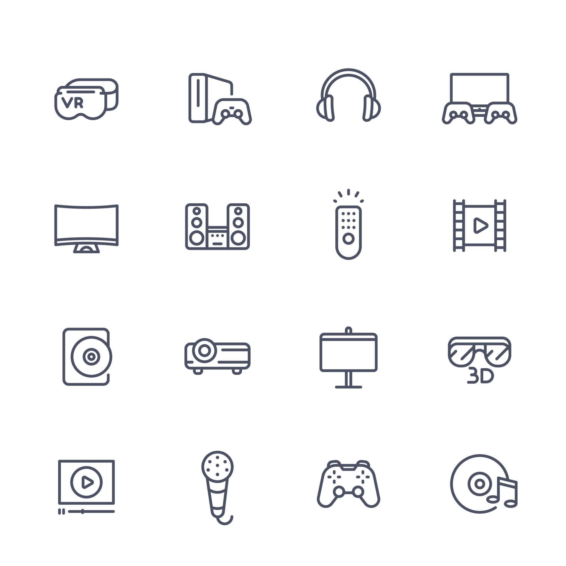 home entertainment system line icons set on white, virtual reality