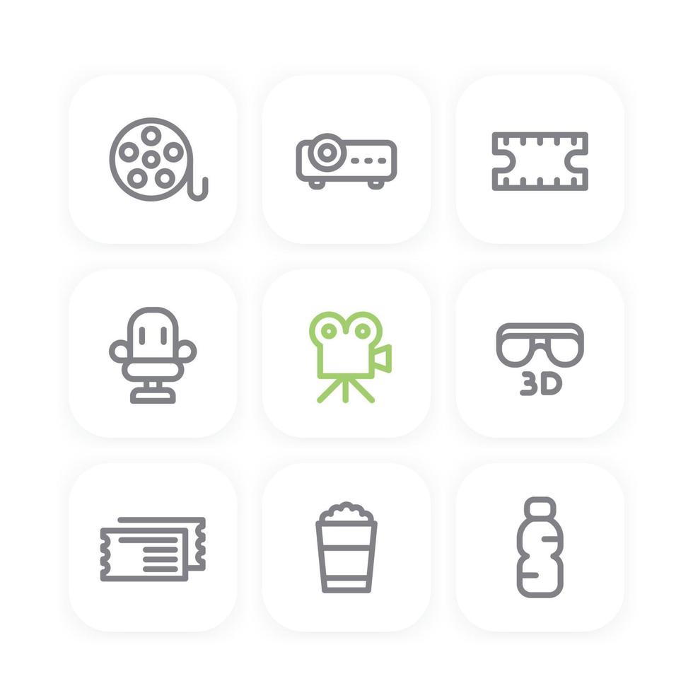 cinema line icons set, film reel, projector, 3d movie, tickets, popcorn bucket vector