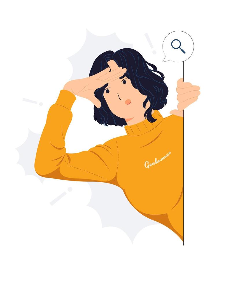 Curious woman looking far away with hand over head, trying to see something, bad vision, searching, holding palm on forehead and gasping. surprised, and amazed concept illustration vector