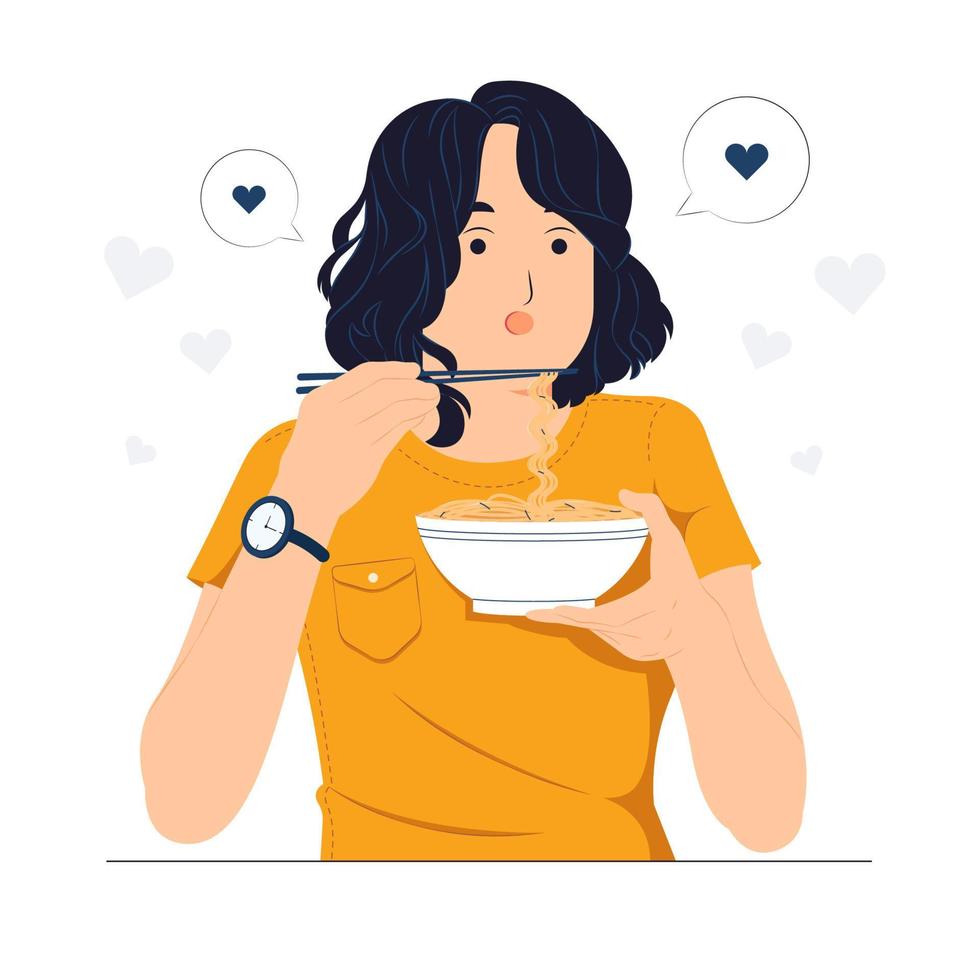 mujer hermosa joven asiática sosteniendo un tazón de fideos y comiendo fideos instantáneos calientes y picantes con la ilustración del concepto de palillos vector