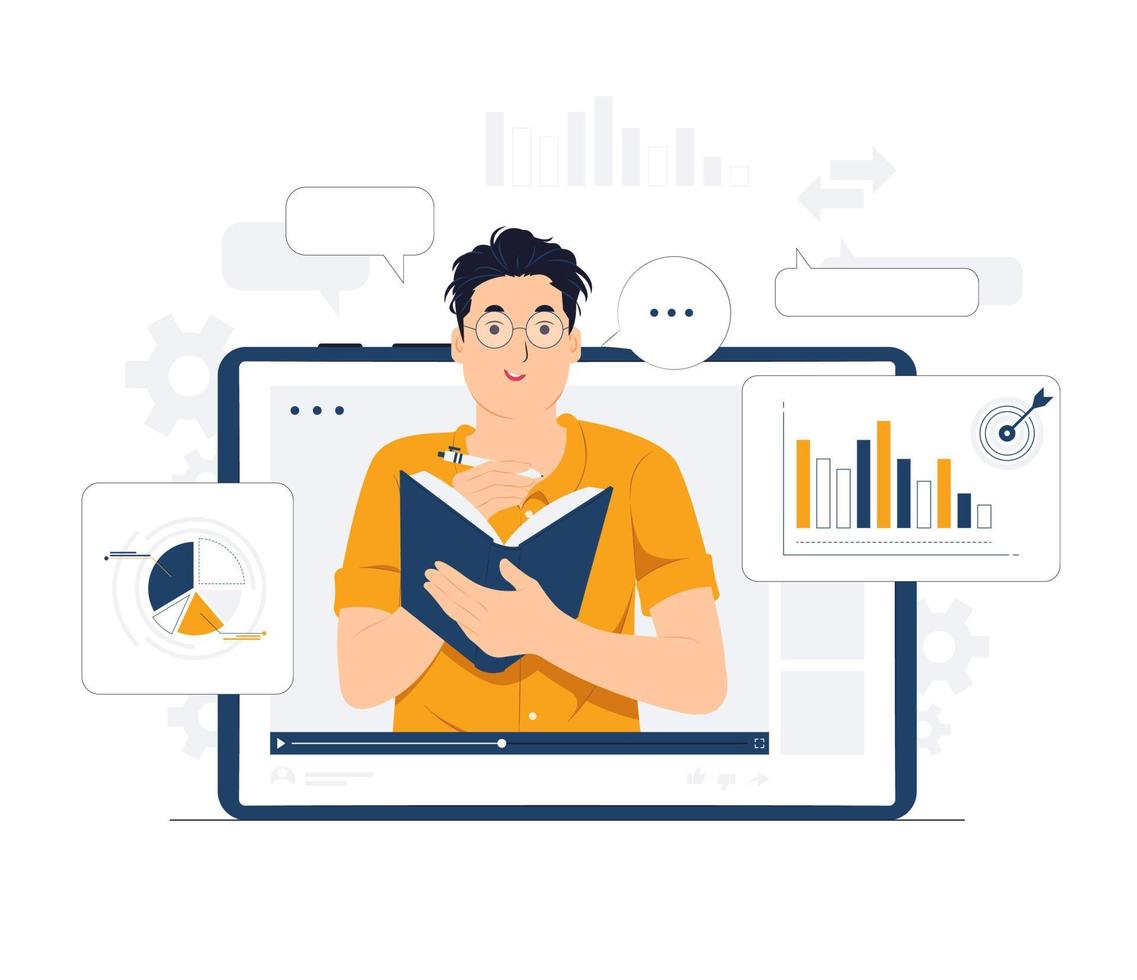 Student holding book and pen study from online tutorial webinar with tablet concept illustration vector